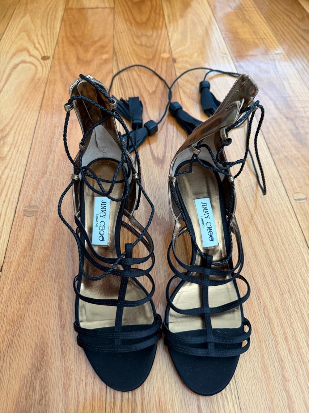 Jimmy Choo Black Strappy Lace-Up Heeled Sandals with Gold Insole